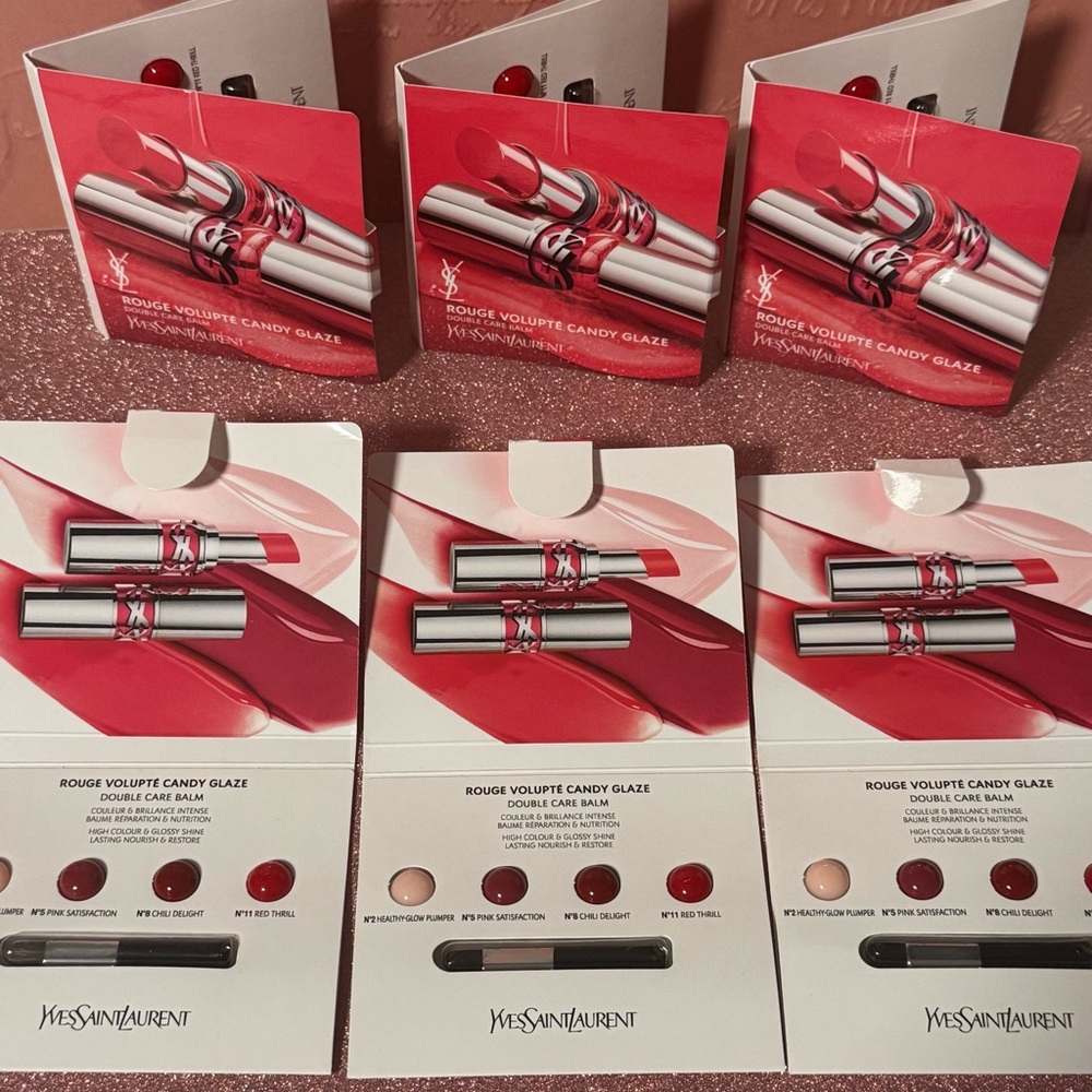 6-Yves Saint Laurent Rouge Volupté Candy Glaze Double Care Balm sample card set.